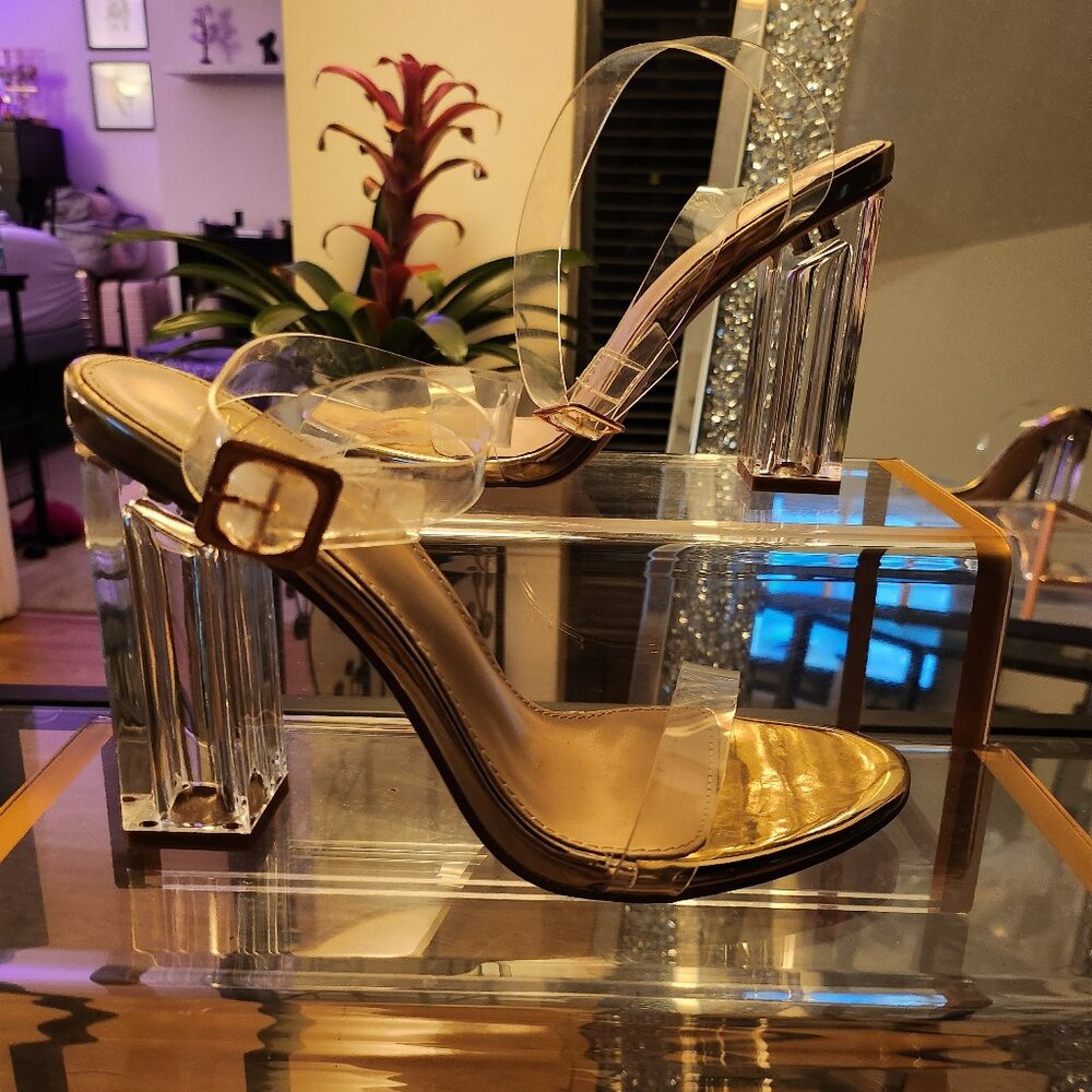 Rose Gold Clear Strap Chunky Block Heel Sandal